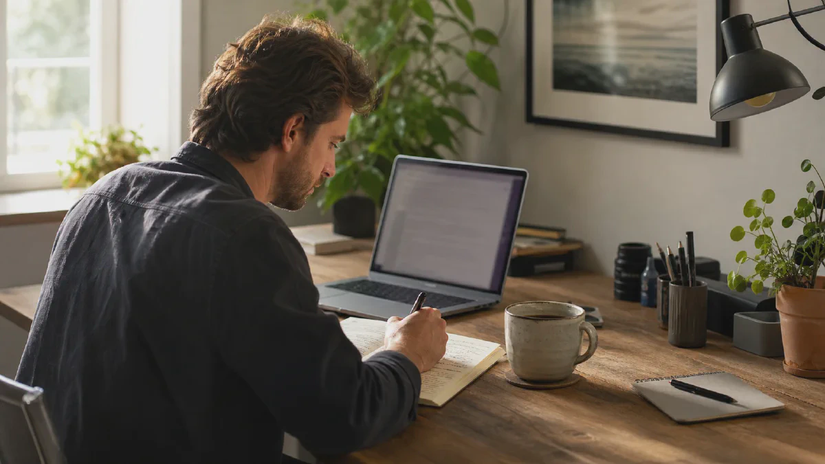 A writer preparing an article at a sunlit wooden desk
